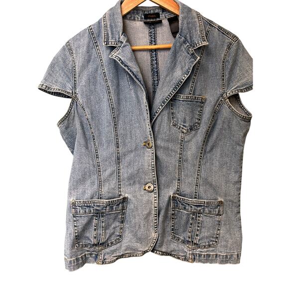 Ratio Liz‎ Claiborne Denim Stretch Shirt Medium Button Front Short Sleeve - Picture 1 of 7